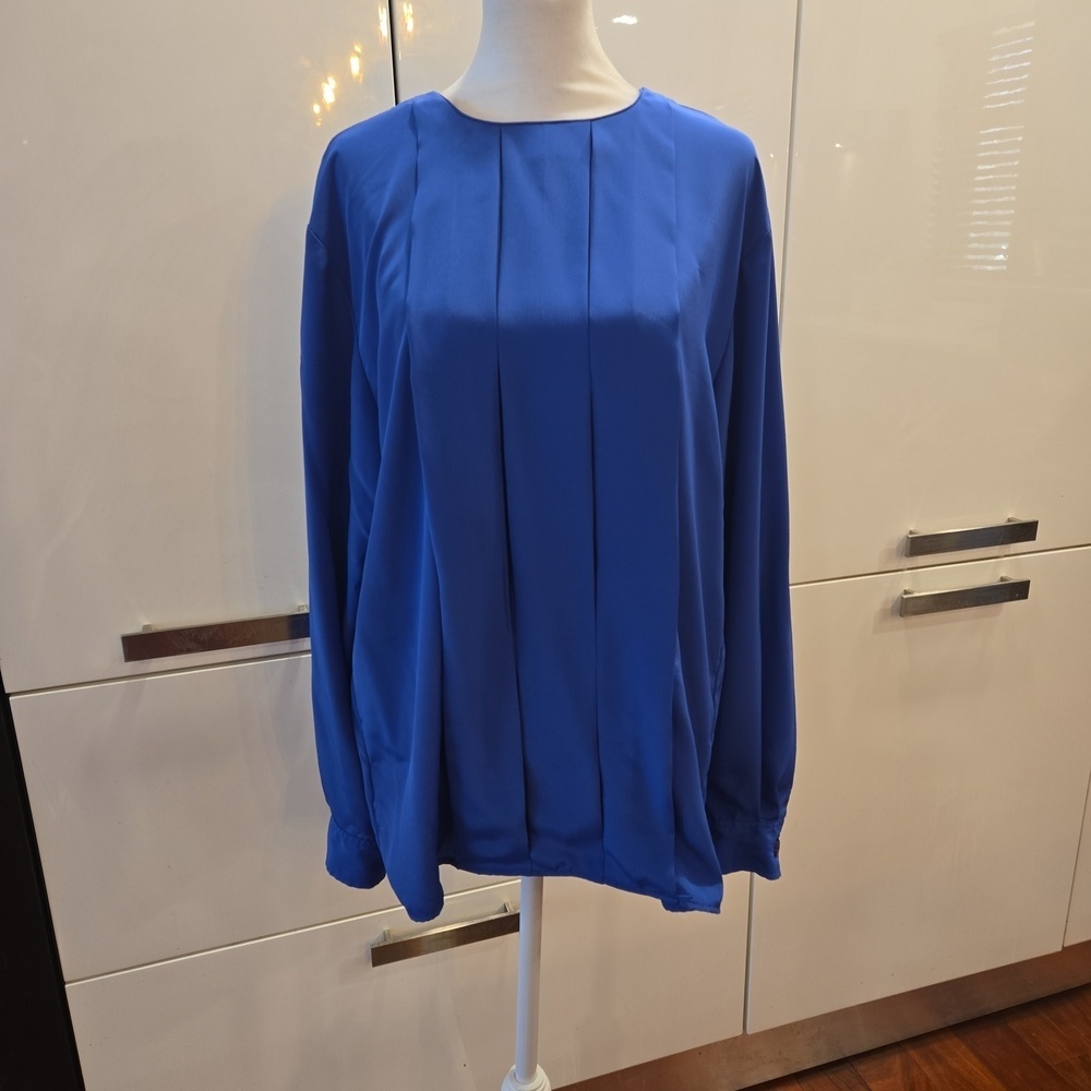 VTG Christian Dior Pleated Long Sleeve Royal Blue Blouse Top Womens Size 12 - Picture 1 of 13